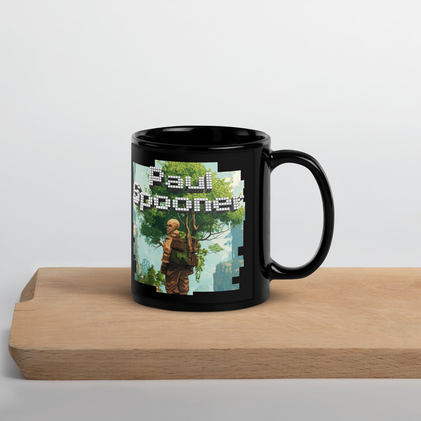 Paul Spooner Voxel Tree Game Designer Black Glossy Mug, Minecraft Bald Boy Keloğlan