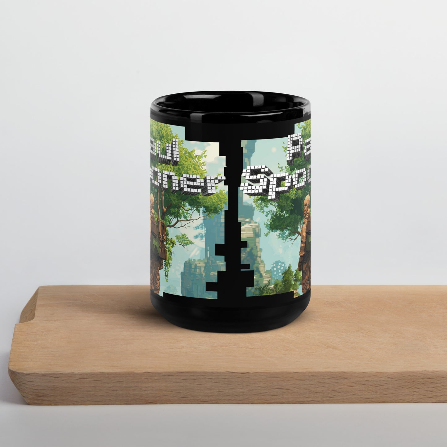 Paul Spooner Voxel Tree Game Designer Black Glossy Mug, Minecraft Bald Boy Keloğlan